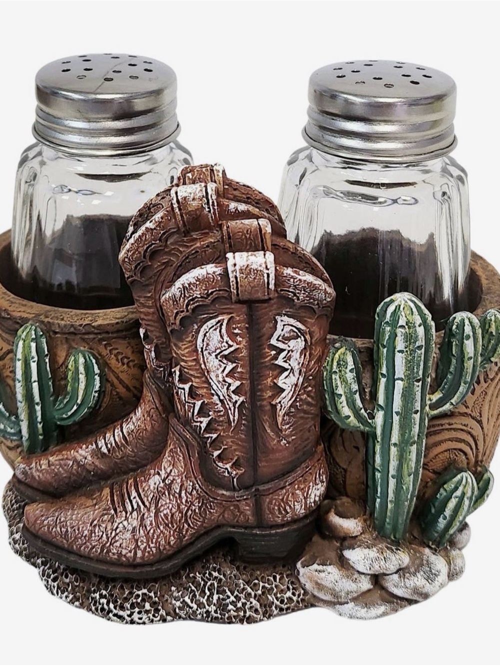 Rustic Cowboy Boot Salt & Pepper Shaker Set with Cactus Accents—New